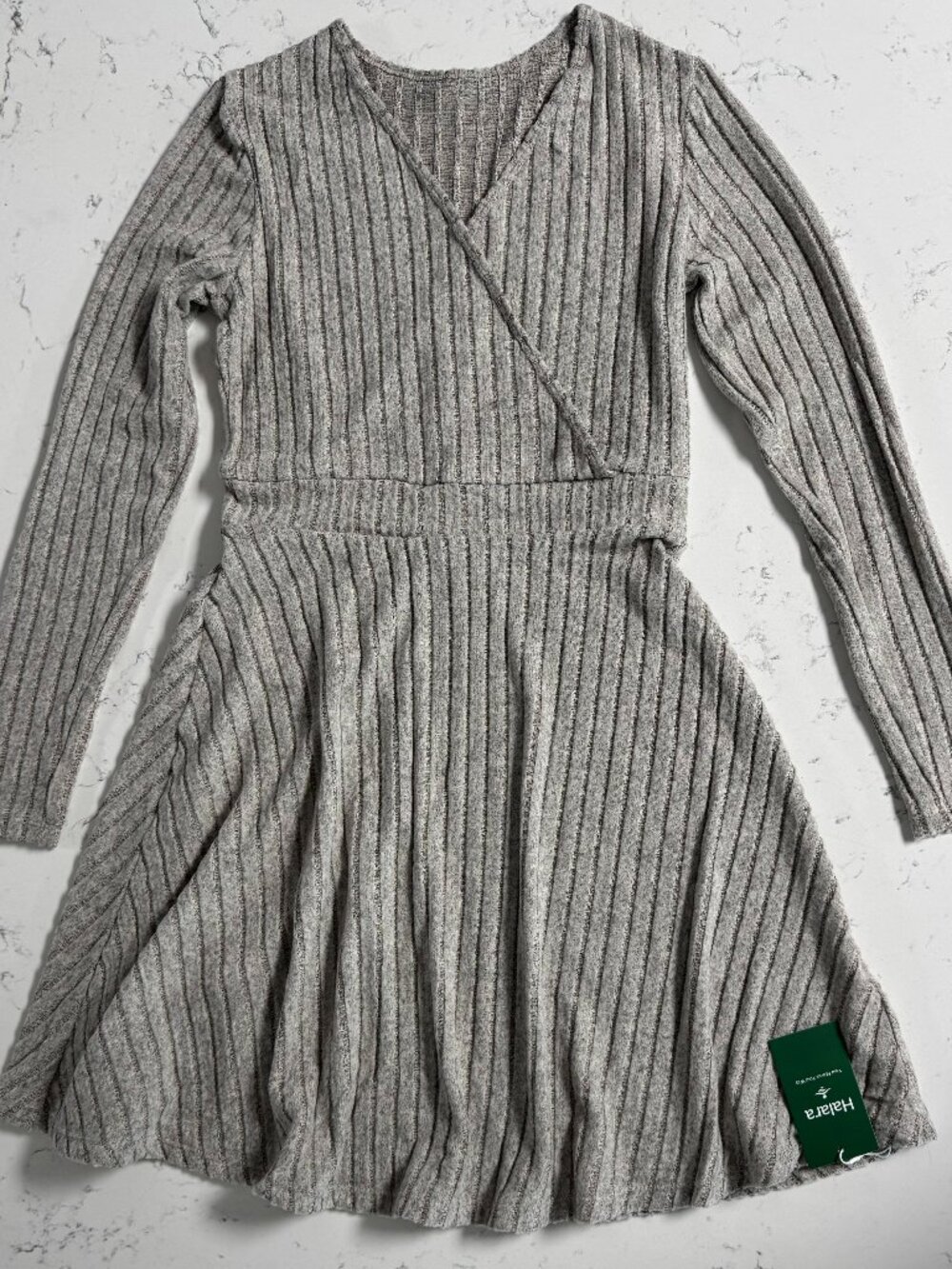 Halara Women's Knit V-neck Crossover Long Sleeve Mini A-Line Dress S Warm Grey